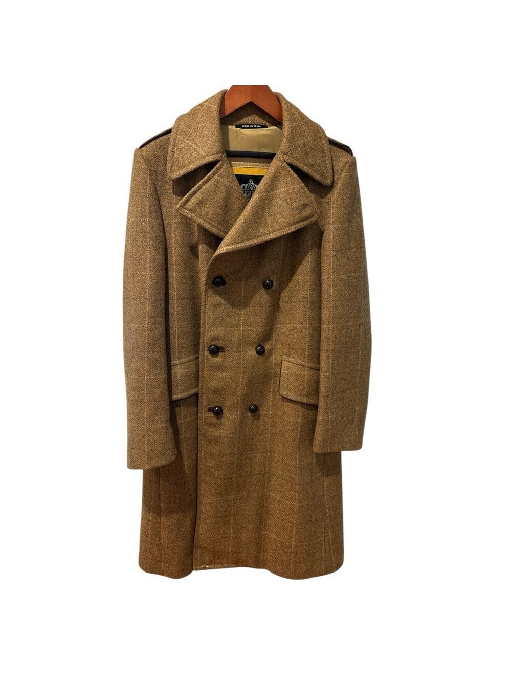 VTG HERMAN PHILLIPS WOOL TAN PLAID ECLECTIC GRANDPA DBL BREASTED TRENCH COAT 40 - Picture 4 of 17